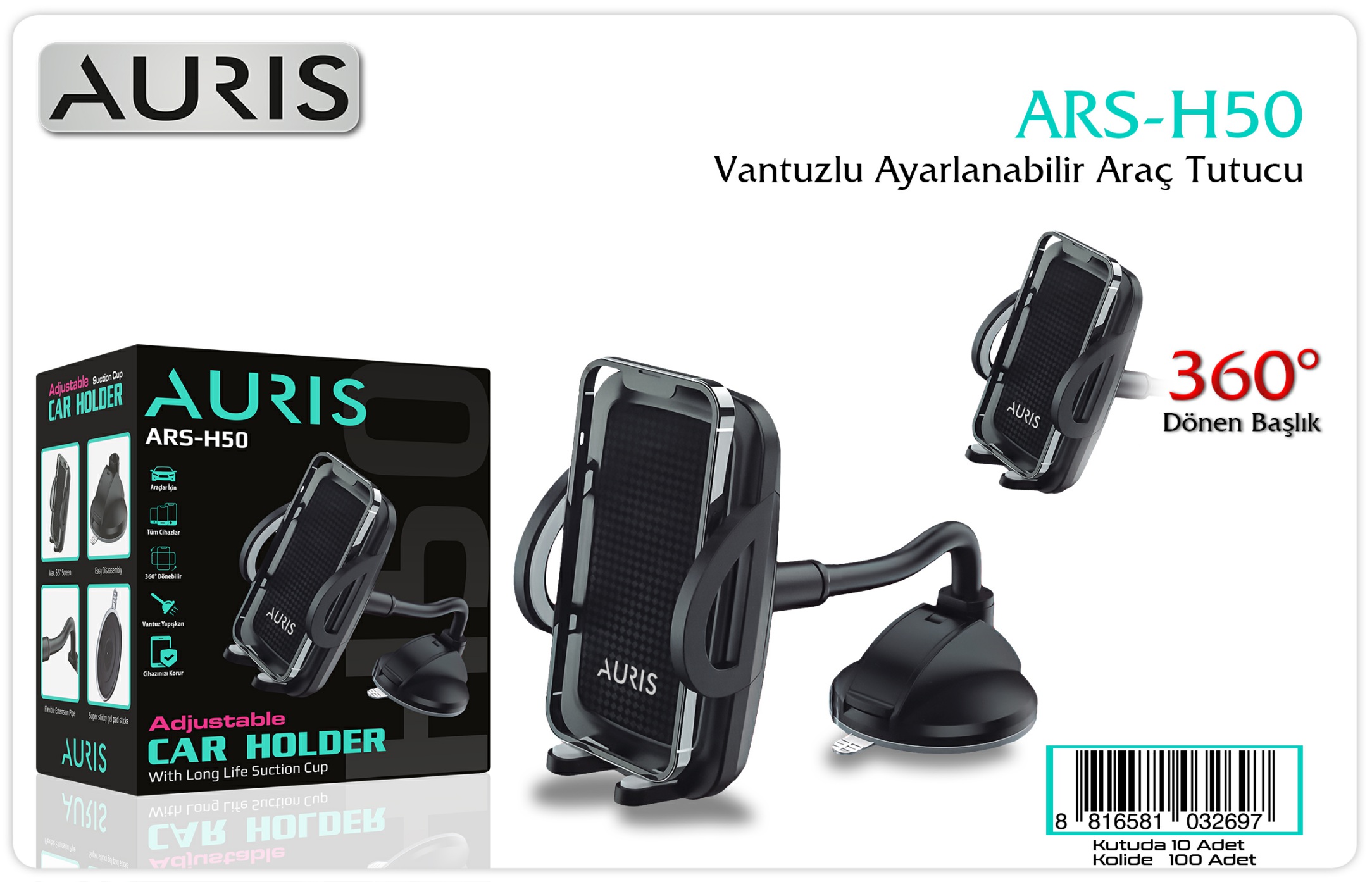 Auris H50 Ayarlanabilir Vantuzlu Araç İçi Telefon Tutucu